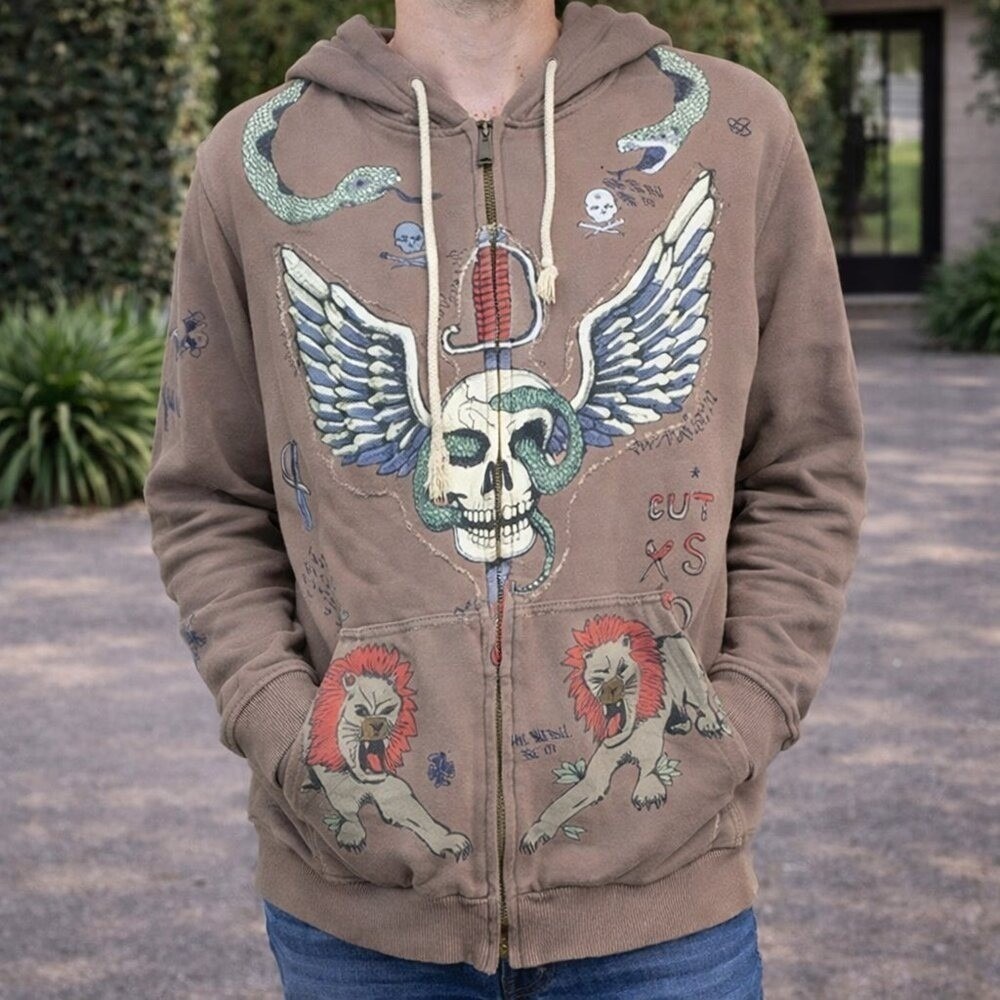 Marc Ecko Cut Sew Mens Brown Skull Snake Lion Full Zip Hoodie Large